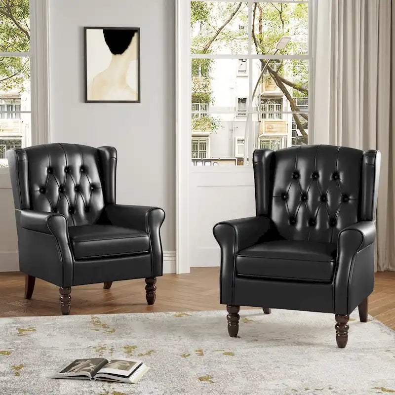 Juego de 2 sillones decorativos tapizados con botones, de cuero vegano.