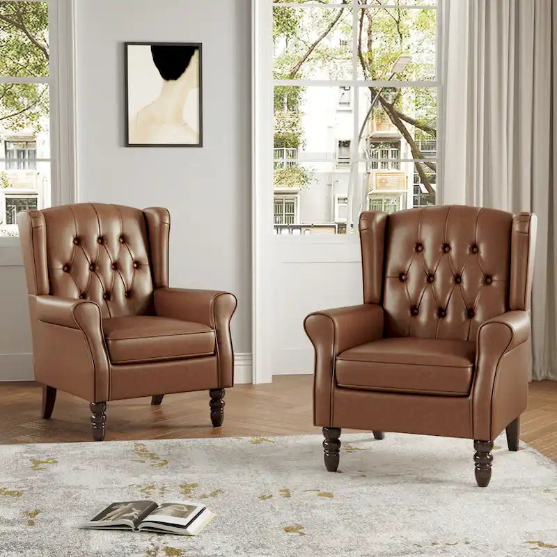 Juego de 2 sillones decorativos tapizados con botones, de cuero vegano.