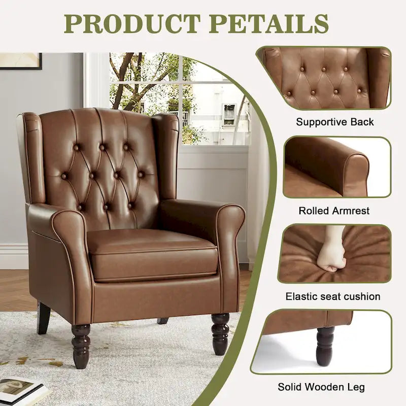 Juego de 2 sillones decorativos tapizados con botones, de cuero vegano.