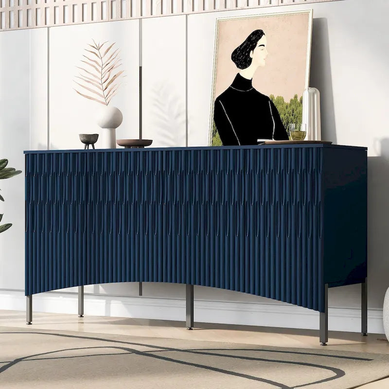 Aparador moderno con 4 puertas ranuradas arqueadas, mueble de almacenamiento con patas de metal y estantes ajustables para salón