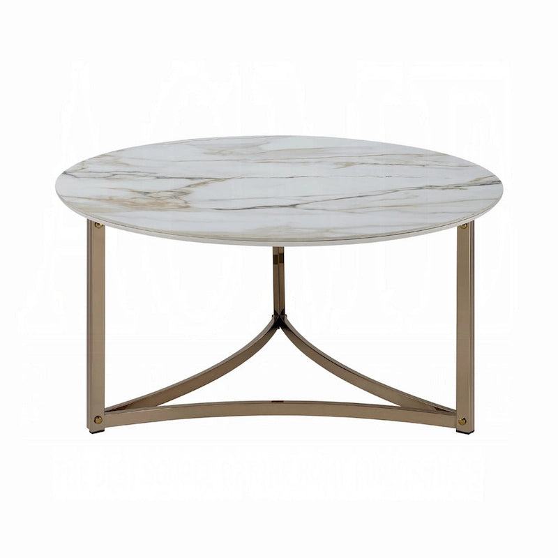 Mesa de centro, 35 pulgadas, redonda con tapa de piedra sinterizada, blanca y dorada