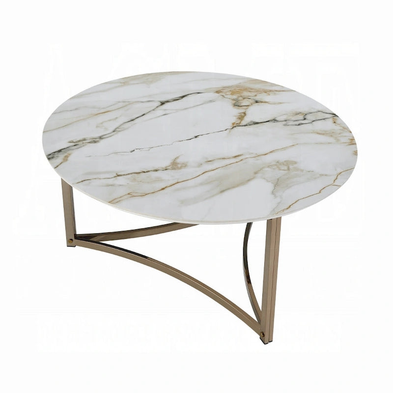 Mesa de centro, 35 pulgadas, redonda con tapa de piedra sinterizada, blanca y dorada
