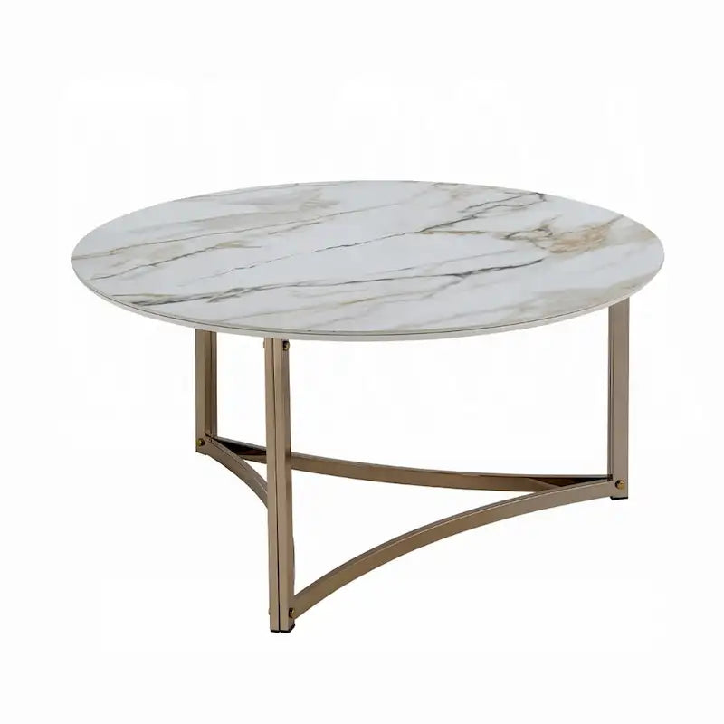Mesa de centro, 35 pulgadas, redonda con tapa de piedra sinterizada, blanca y dorada