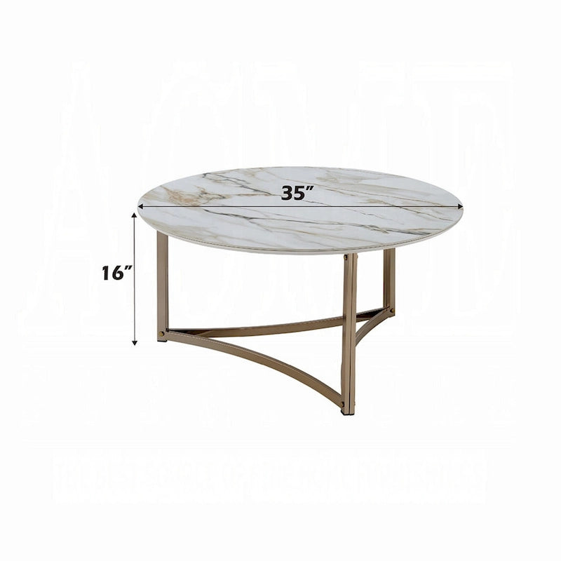 Mesa de centro, 35 pulgadas, redonda con tapa de piedra sinterizada, blanca y dorada