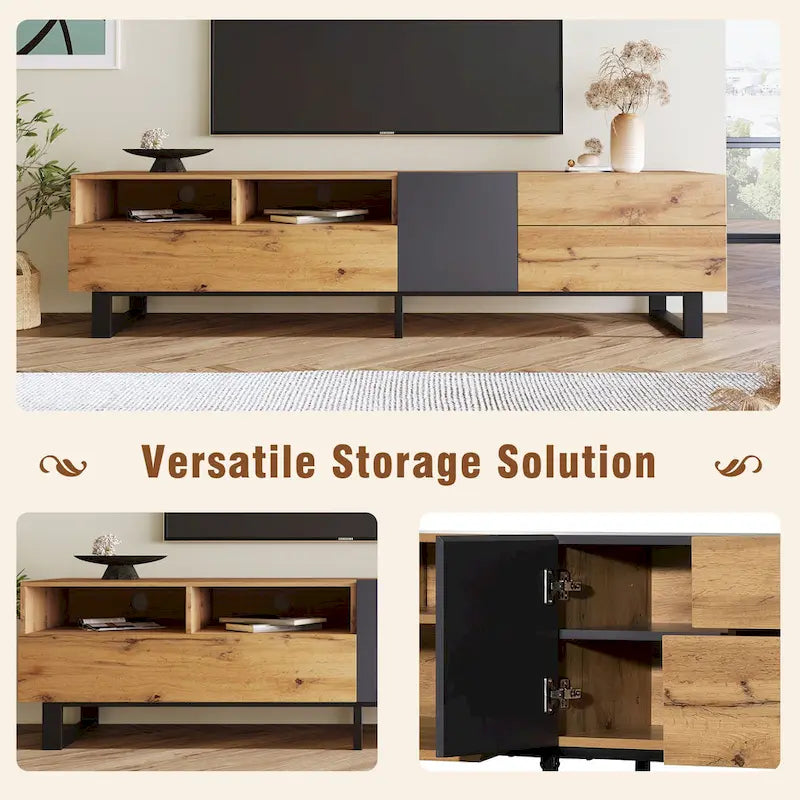 Mueble de TV de 70" de madera y gris con doble almacenamiento y puerta desplegable para televisores de hasta 80"