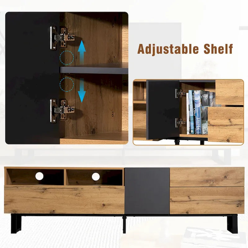 Mueble de TV de 70" de madera y gris con doble almacenamiento y puerta desplegable para televisores de hasta 80"