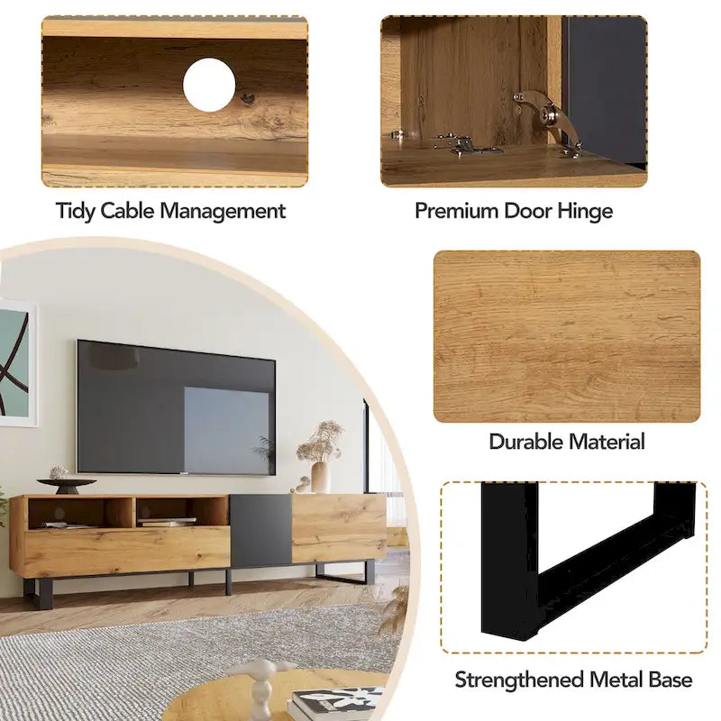 Mueble de TV de 70" de madera y gris con doble almacenamiento y puerta desplegable para televisores de hasta 80"