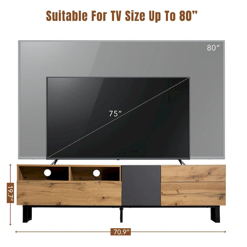 Mueble de TV de 70" de madera y gris con doble almacenamiento y puerta desplegable para televisores de hasta 80"