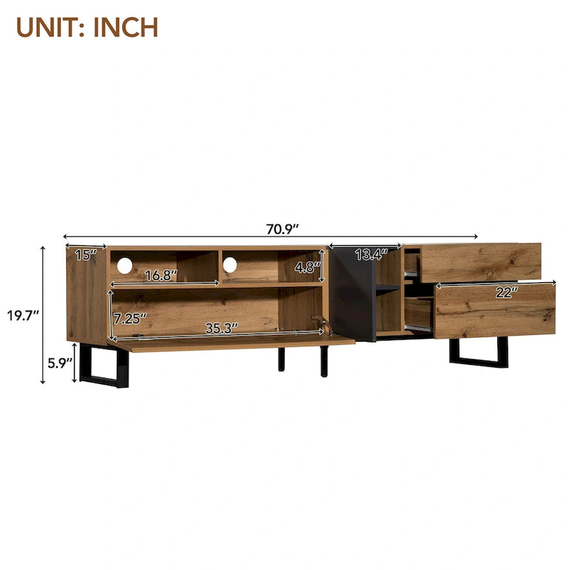 Mueble de TV de 70" de madera y gris con doble almacenamiento y puerta desplegable para televisores de hasta 80"