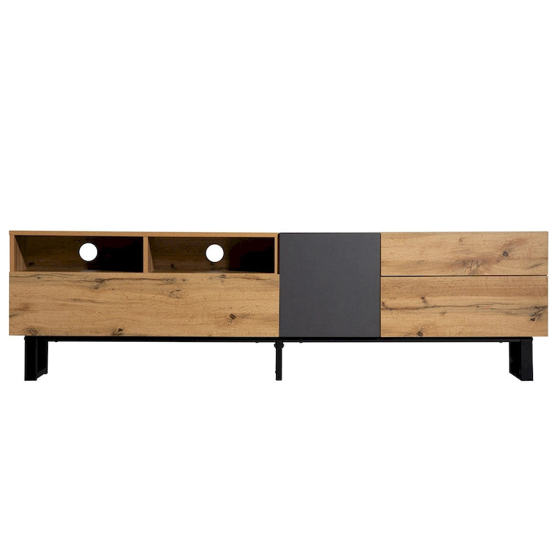 Mueble de TV de 70" de madera y gris con doble almacenamiento y puerta desplegable para televisores de hasta 80"