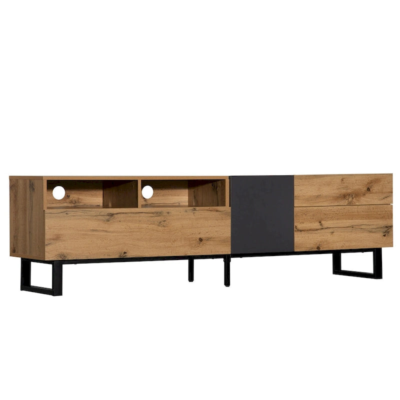 Mueble de TV de 70" de madera y gris con doble almacenamiento y puerta desplegable para televisores de hasta 80"