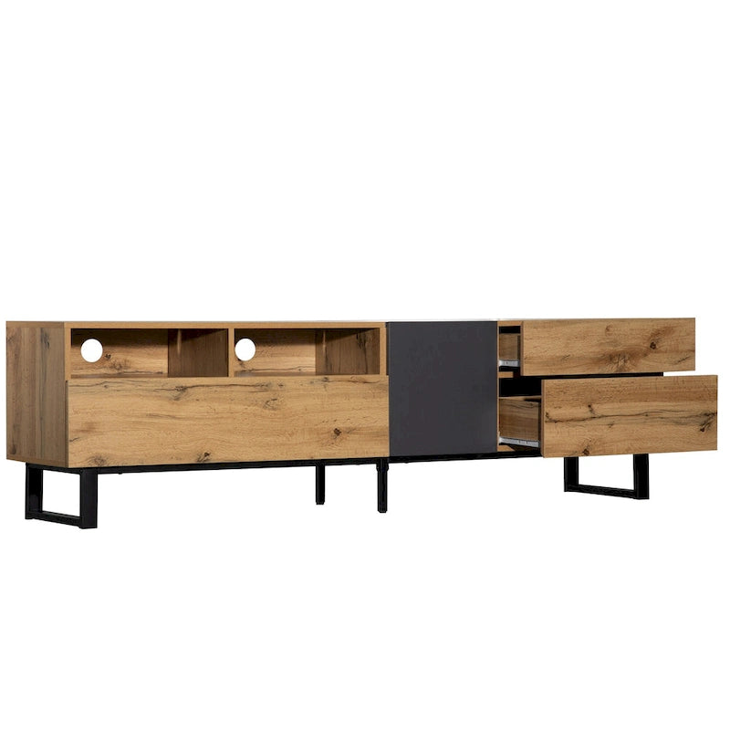 Mueble de TV de 70" de madera y gris con doble almacenamiento y puerta desplegable para televisores de hasta 80"