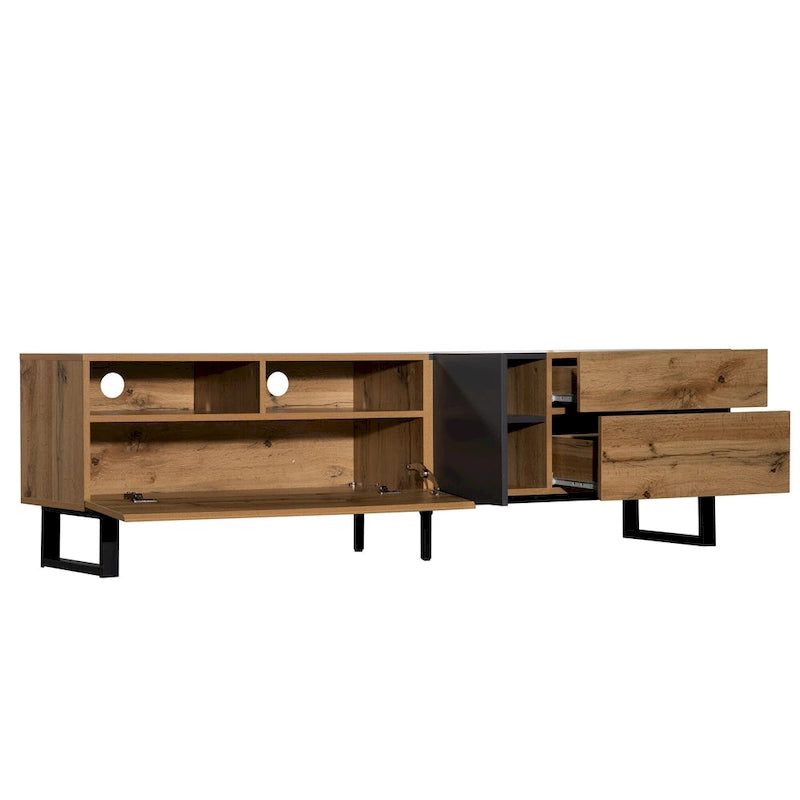 Mueble de TV de 70" de madera y gris con doble almacenamiento y puerta desplegable para televisores de hasta 80"