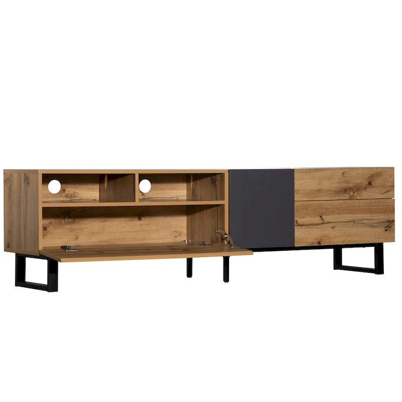 Mueble de TV de 70" de madera y gris con doble almacenamiento y puerta desplegable para televisores de hasta 80"