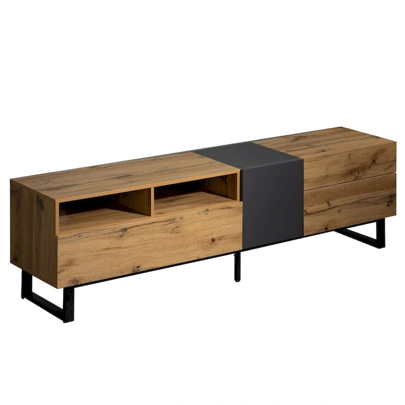 Mueble de TV de 70" de madera y gris con doble almacenamiento y puerta desplegable para televisores de hasta 80"