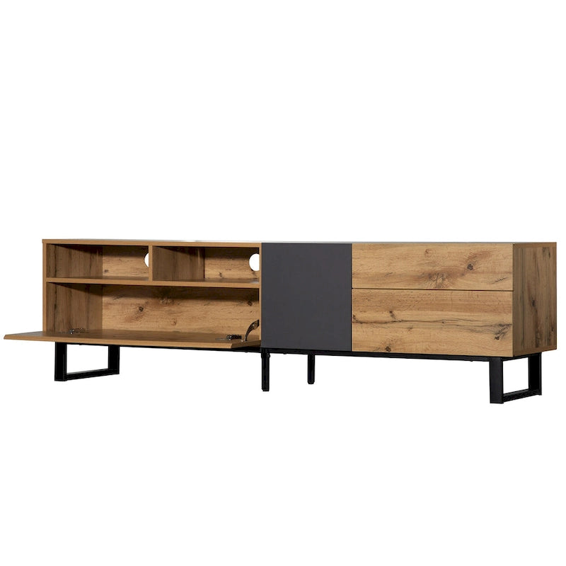 Mueble de TV de 70" de madera y gris con doble almacenamiento y puerta desplegable para televisores de hasta 80"