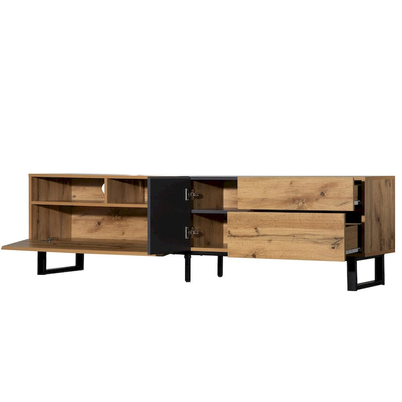 Mueble de TV de 70" de madera y gris con doble almacenamiento y puerta desplegable para televisores de hasta 80"