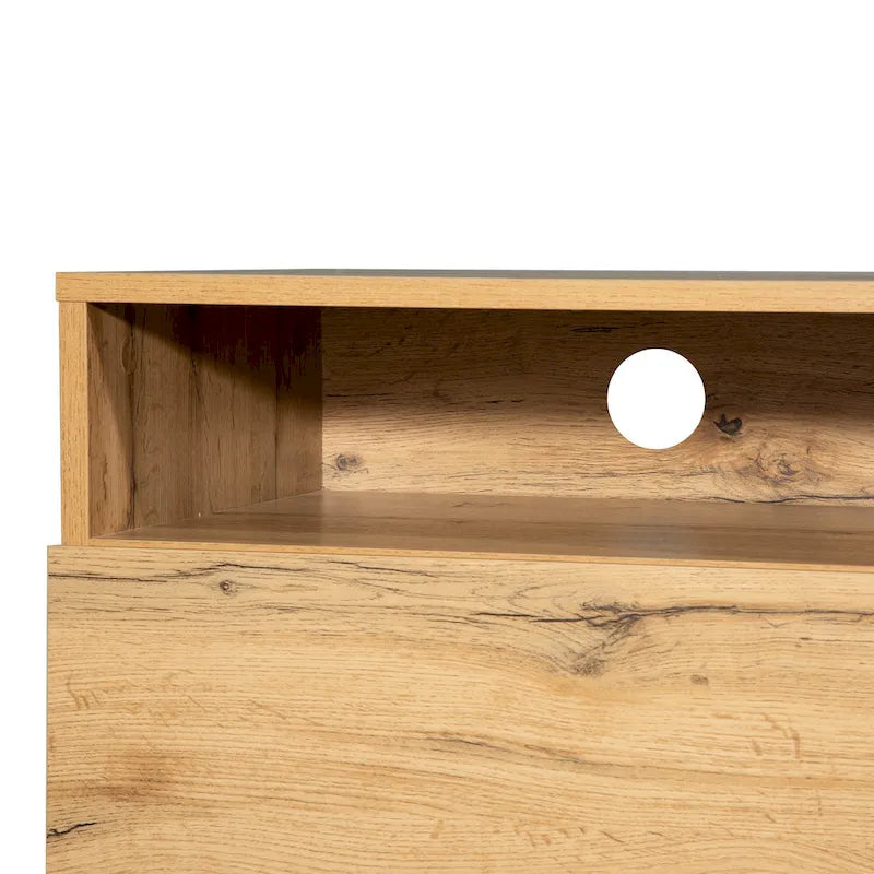 Mueble de TV de 70" de madera y gris con doble almacenamiento y puerta desplegable para televisores de hasta 80"