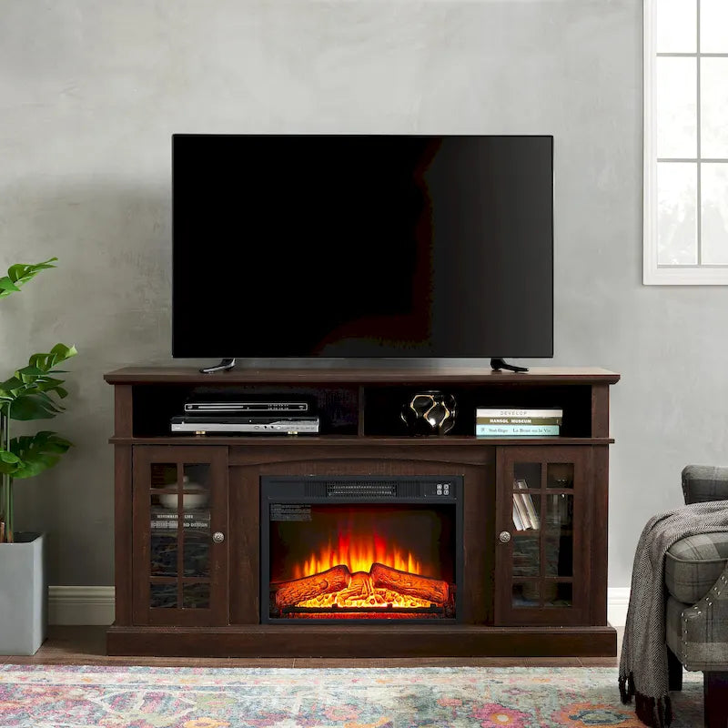 Mueble para TV con chimenea eléctrica espresso de 58", con almacenamiento abierto y cerrado, para televisores de hasta 65"