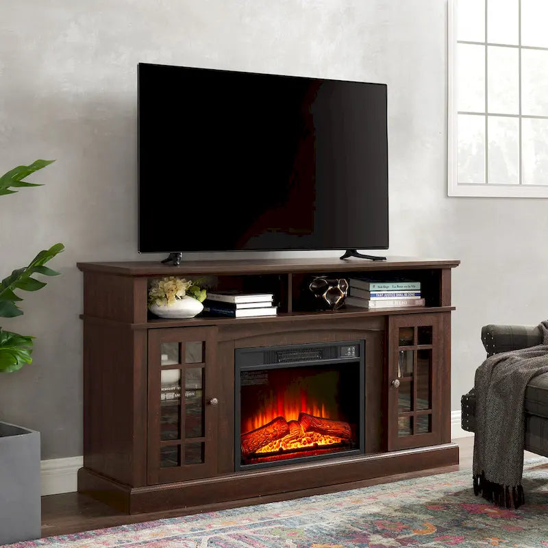 Mueble para TV con chimenea eléctrica espresso de 58", con almacenamiento abierto y cerrado, para televisores de hasta 65"