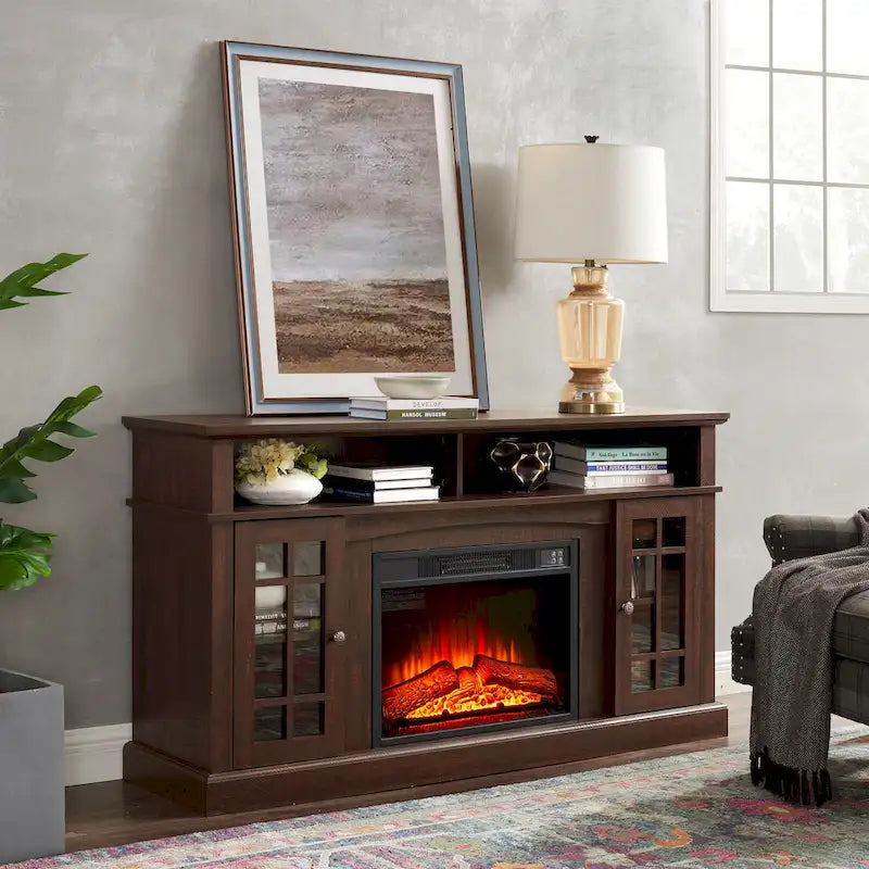 Mueble para TV con chimenea eléctrica espresso de 58", con almacenamiento abierto y cerrado, para televisores de hasta 65"