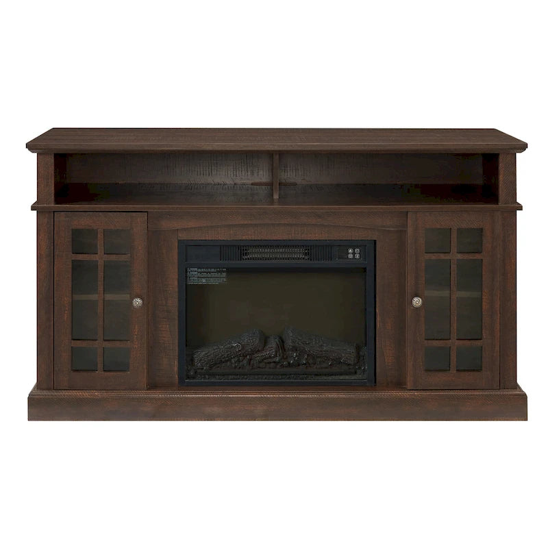 Mueble para TV con chimenea eléctrica espresso de 58", con almacenamiento abierto y cerrado, para televisores de hasta 65"