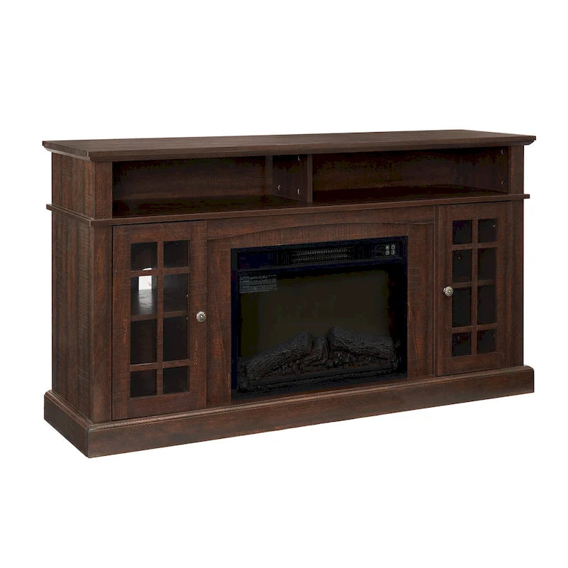 Mueble para TV con chimenea eléctrica espresso de 58", con almacenamiento abierto y cerrado, para televisores de hasta 65"