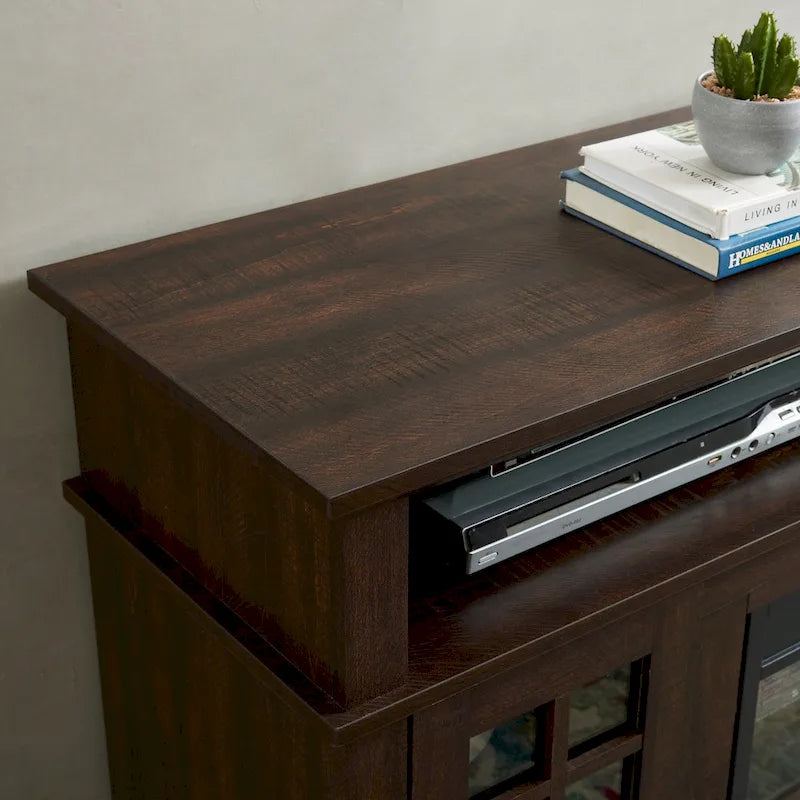 Mueble para TV con chimenea eléctrica espresso de 58", con almacenamiento abierto y cerrado, para televisores de hasta 65"