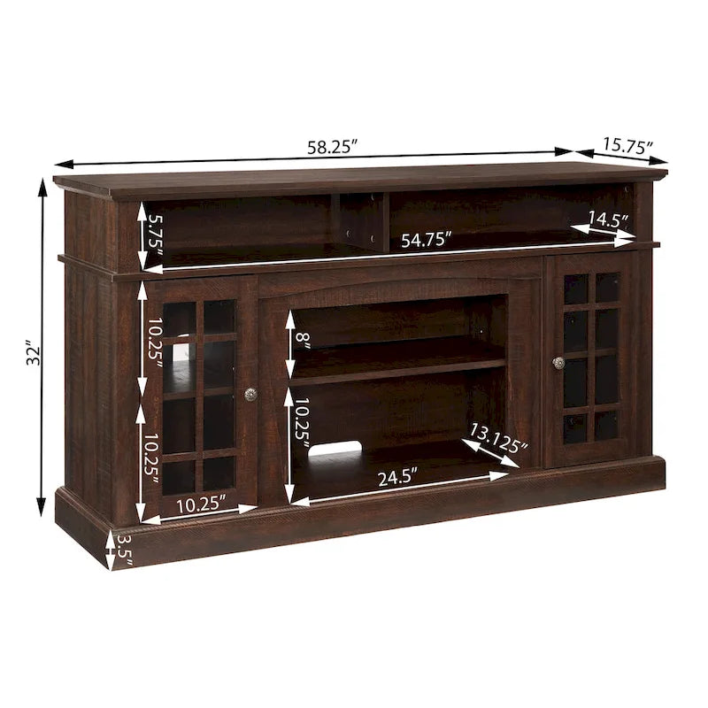 Mueble para TV con chimenea eléctrica espresso de 58", con almacenamiento abierto y cerrado, para televisores de hasta 65"