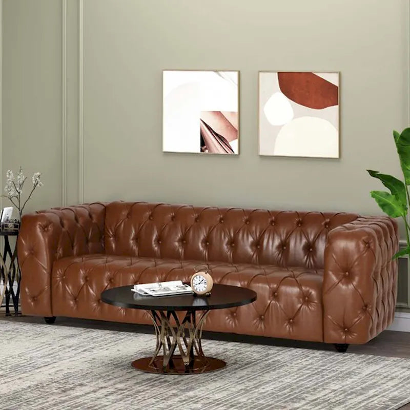 Sofá de 3 plazas con botones tapizados en piel sintética marrón claro/negro con patas redondas de madera de abedul
