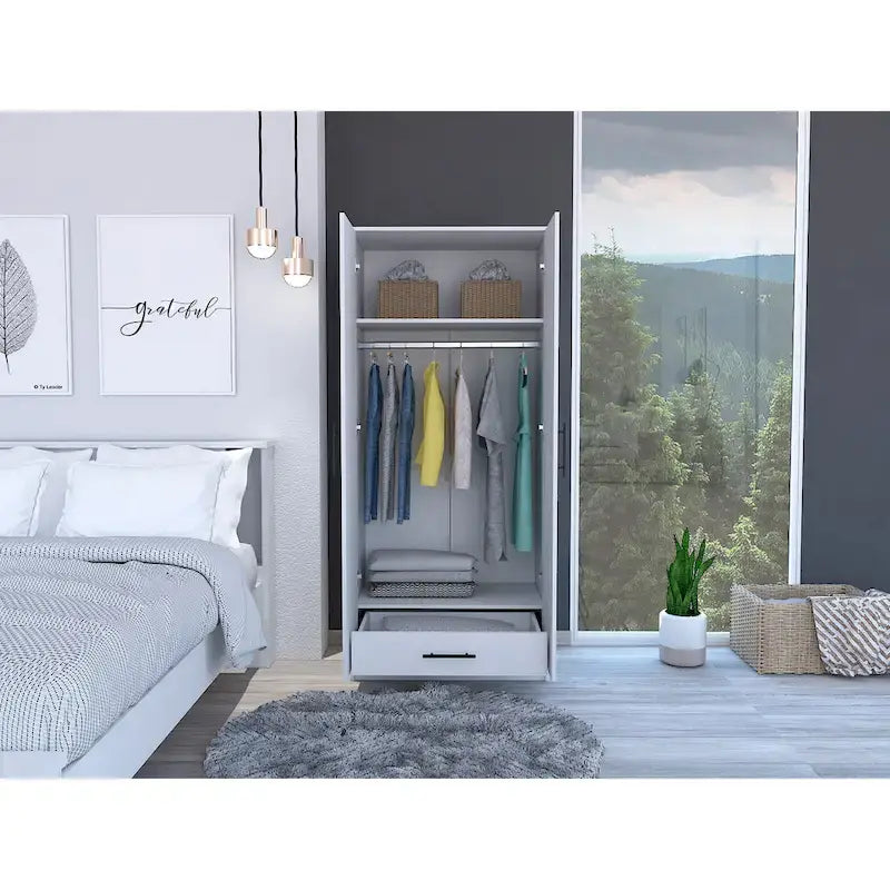 19.7 Armario Moderno de Dos Puertas con Dos Estantes y Un Cajón para Dormitorio