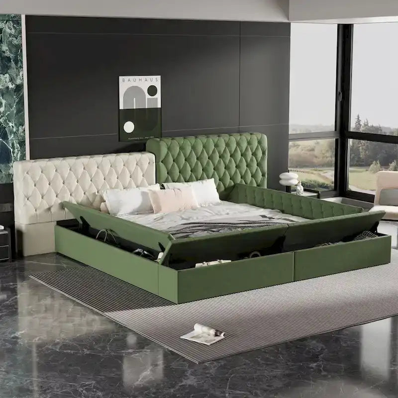 Cama de plataforma tapizada con almacenamiento King de forma especial
