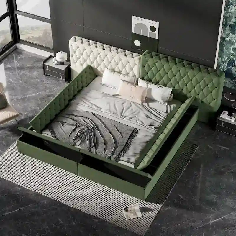 Cama de plataforma tapizada con almacenamiento King de forma especial