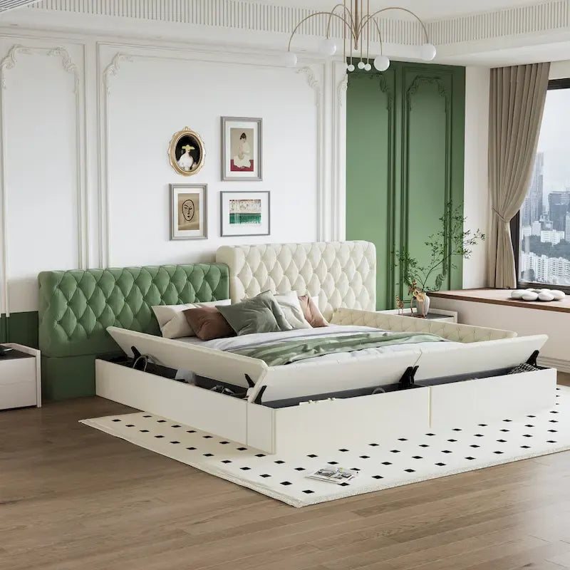 Cama de plataforma tapizada con almacenamiento King de forma especial