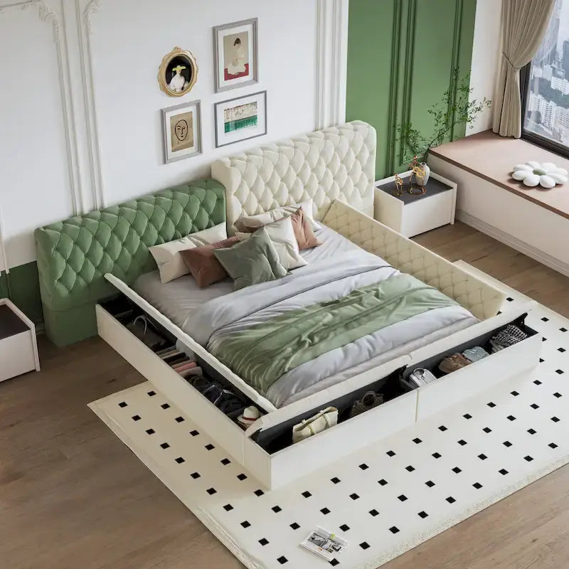 Cama de plataforma tapizada con almacenamiento King de forma especial