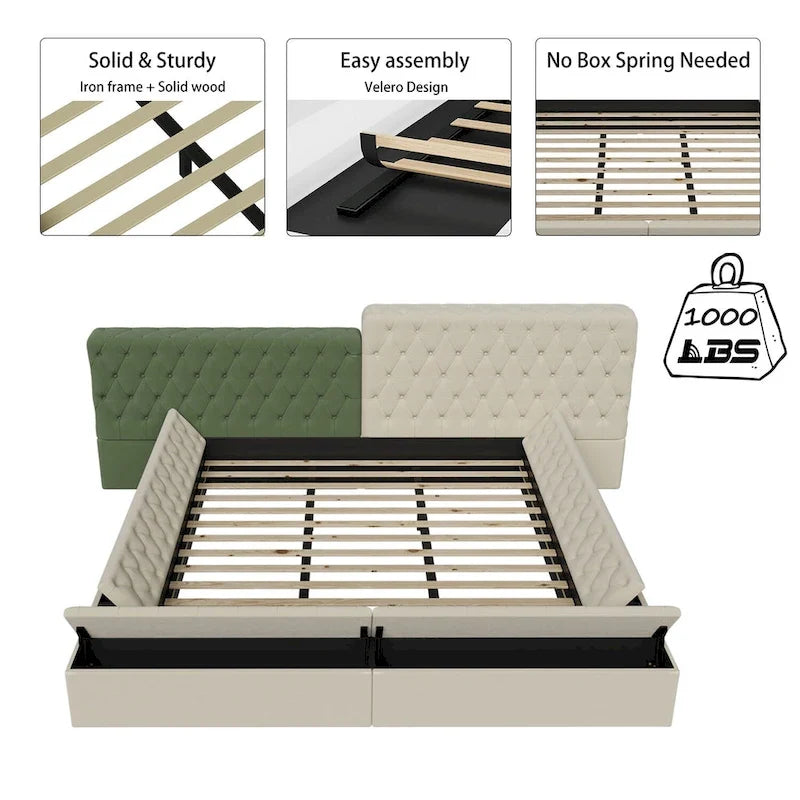 Cama de plataforma tapizada con almacenamiento King de forma especial