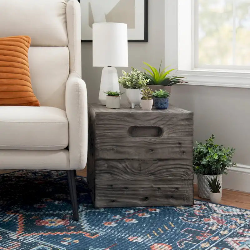 Hagen Rustic Square Wood Crate Side Table