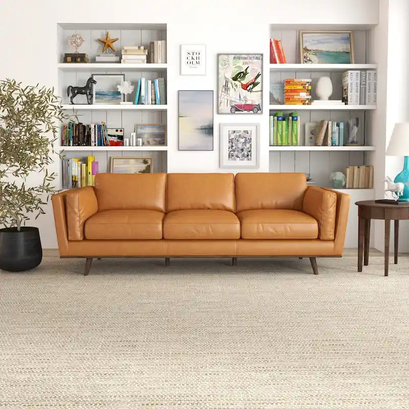 Sofá de cuero color canela Florencia de estilo de sala de estar moderno de mediados de siglo