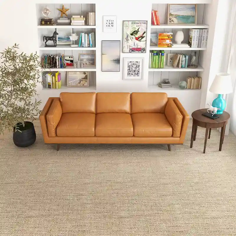Sofá de cuero color canela Florencia de estilo de sala de estar moderno de mediados de siglo