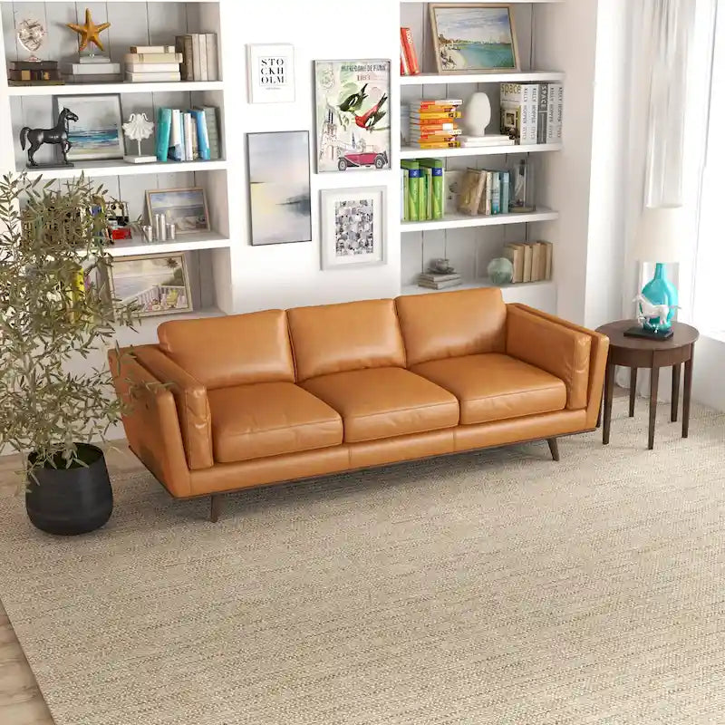 Sofá de cuero color canela Florencia de estilo de sala de estar moderno de mediados de siglo