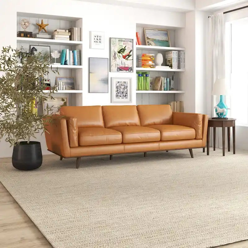 Sofá de cuero color canela Florencia de estilo de sala de estar moderno de mediados de siglo