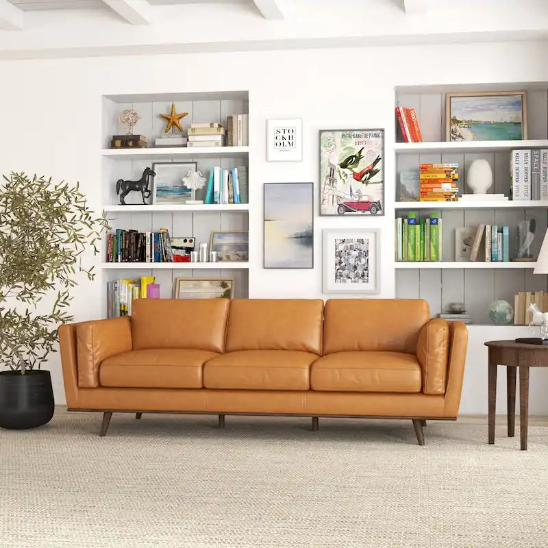 Sofá de cuero color canela Florencia de estilo de sala de estar moderno de mediados de siglo