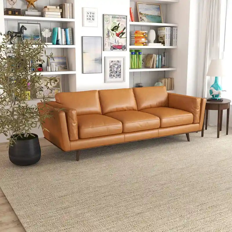 Sofá de cuero color canela Florencia de estilo de sala de estar moderno de mediados de siglo