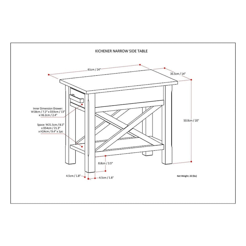 Mesa Auxiliar Estrecha de Madera Maciza con 1 Cajón y Estante Inferior, 14" de Ancho – 8 Opciones de Color