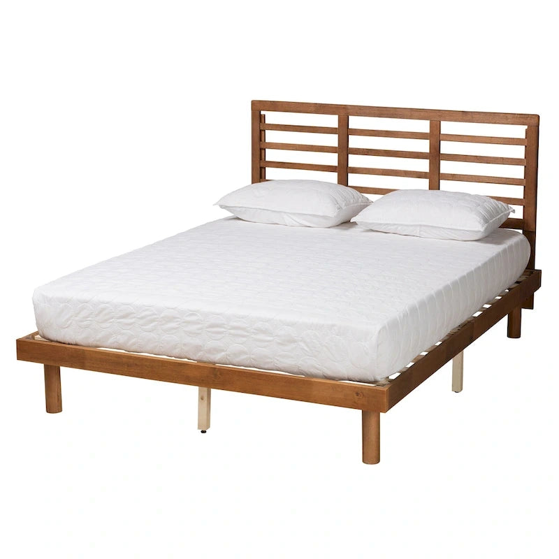 Cama plataforma baja de cabecero de listones de nogal y fresno de mediados de siglo - Matrimonial / Queen / King