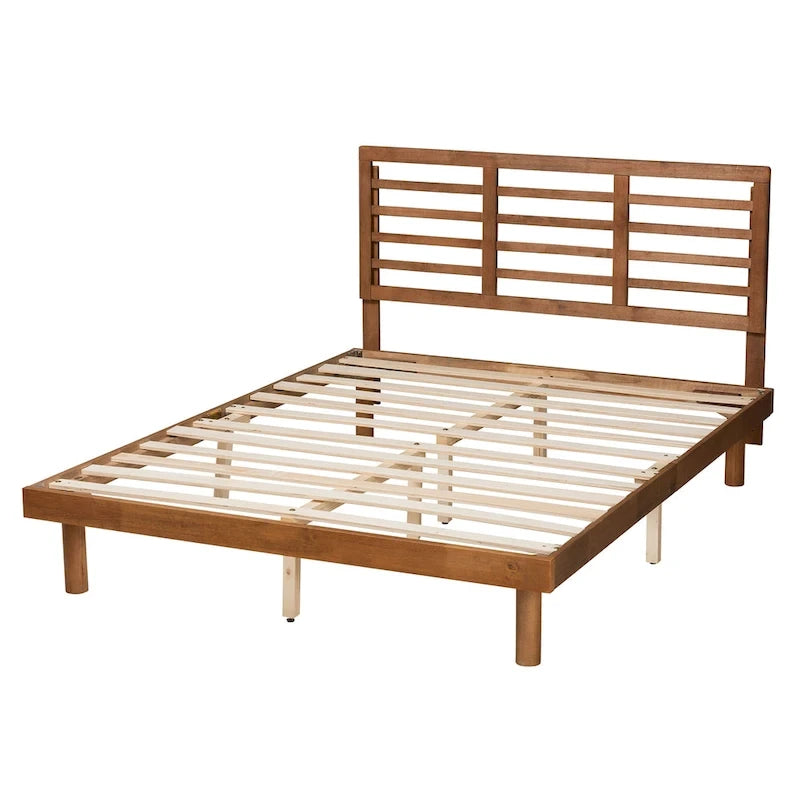 Cama plataforma baja de cabecero de listones de nogal y fresno de mediados de siglo - Matrimonial / Queen / King