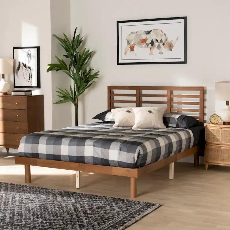 Cama plataforma baja de cabecero de listones de nogal y fresno de mediados de siglo - Matrimonial / Queen / King