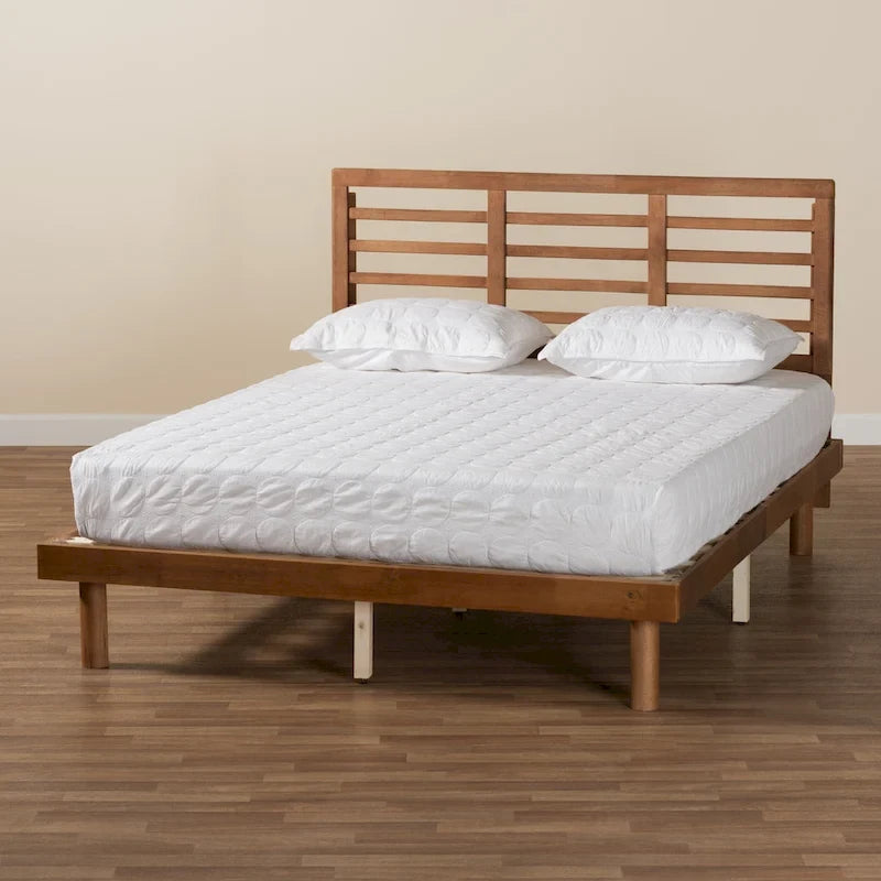 Cama plataforma baja de cabecero de listones de nogal y fresno de mediados de siglo - Matrimonial / Queen / King