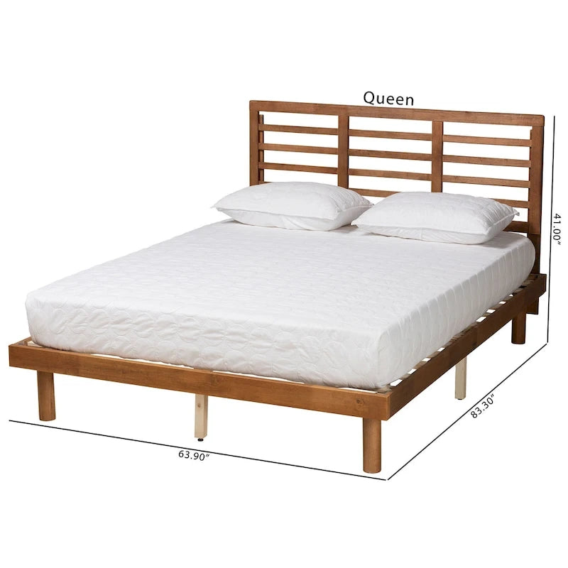 Cama plataforma baja de cabecero de listones de nogal y fresno de mediados de siglo - Matrimonial / Queen / King