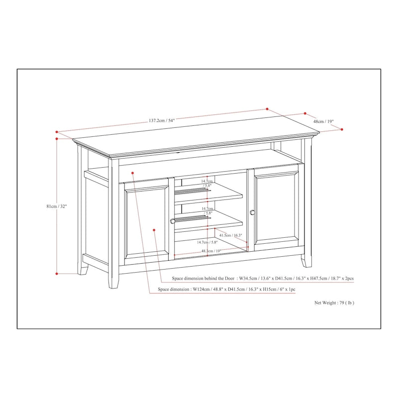 Mueble de TV transicional de madera maciza de 54 pulgadas de ancho - 54 An. x 18.9 Prof. x 31.9 Al.